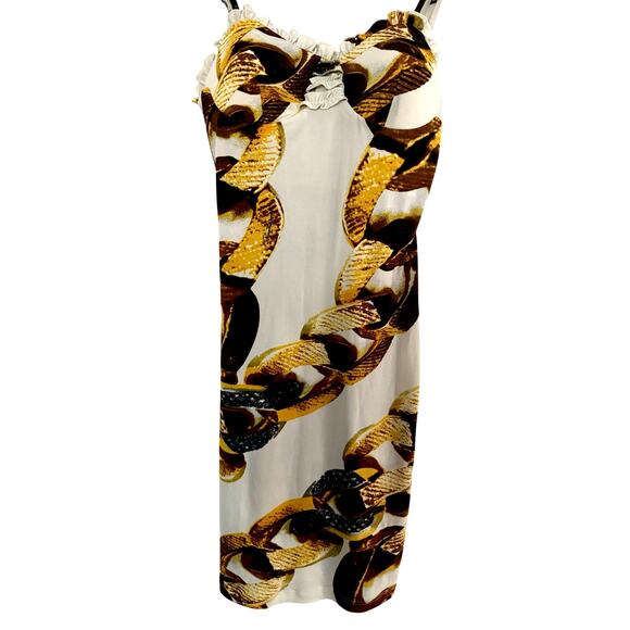 Roberto Cavalli Vintage Chain Print Slip Dress Size M Gold Baroque Y2K Runway - Picture 2 of 8